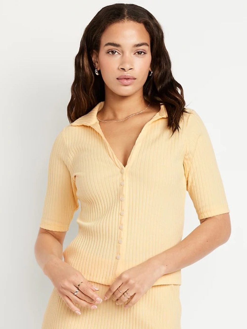 Old Navy- Pale Yellow Ribbed Button-Front Polo Top Size L